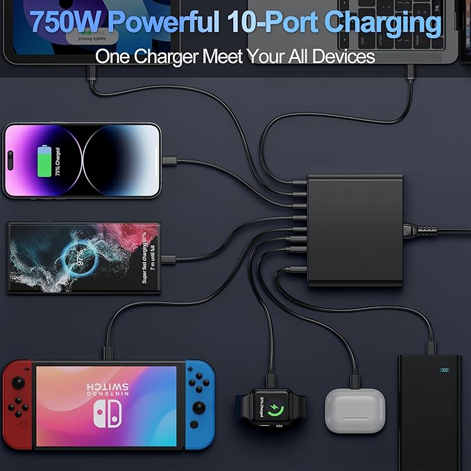 750W USB C Charger Block,10-Port Charging Station GaN Fast Charging Type C & USB A Wall Charger Adapter for MacBook Pro/Air,iPhone,iPad,Dell XPS,Samsung Galaxy (Bright Black)