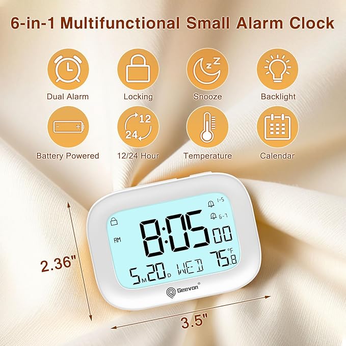 Geevon Small Travel Alarm Clock, Digital Alarm Clocks for Bedrooms Home Office, Battery Operated Desk Clock with 3 Inch Large Display, 2 Alarms, 5s Backlight, Snooze, Indoor Temperature, White