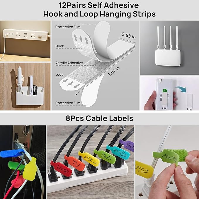 Ditar 193 PCS Cable Management Kit - 4 Cable Sleeve, 57 Self Adhesive Cable Clips, 12 Hanging Strips, 12 Cable Organizer Straps and 100 Fastening Cable Ties for TV Computer Under Desk (White)