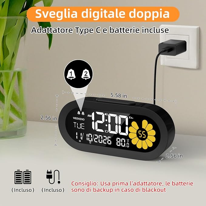 DOOMAY Digital Alarm Clock for Bedroom: Dual Alarm Bedside Clock VA LCD Display with Seconds, 9-Minute Snooze and Weekend Mode, 3 Brightness, 4 Alarms and 3 Volume Levels，Type C & Battery Included