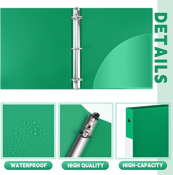 Henoyso 36 Pcs 3 Ring Binder 0.5 Inch Round Fits Letter Size 8.5'' x 11'' Paper Plastic Flexible Binder Bulk Holds 140 Sheets with 1 Pockets Versatile Organizer for Home Office School (Green)