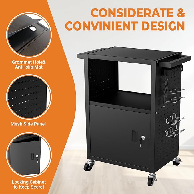 Mobile AV Cart with Push Handles, Heavy Duty Rolling Media Cart with Customized Pegboard & Hooks, Multipurpose Utility Cart with Extra Storage Space, 4 Outlets