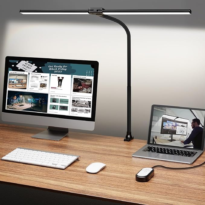 ShineTech Led Desk Lamp for Office Home, Bright Double Head Desk Light with Clamp, Architect Task Lamp 50 Lighting Modes Adjustable Flexible Lamp