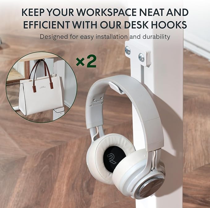 FLEXISPOT 55" L Shaped Standing Desk with Drawers and Shelves, Large Corner Stand Up Desk with Headphone Hooks for Home Office, Light Wood Grain Top+ White Frame