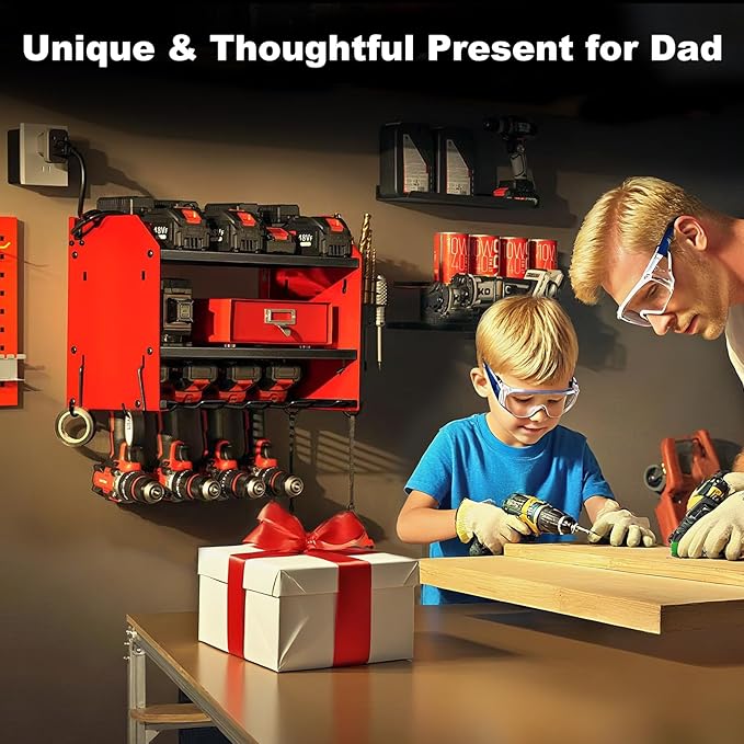Power Tool Organizer Wall Mount with Charging Station, Heavy Duty 3 Layer Garage Tool Storage with 4 Cordless Drill Holder and 8 Outlet Power Strip, Gift for Men Husband Dad Birthday Anniversary red
