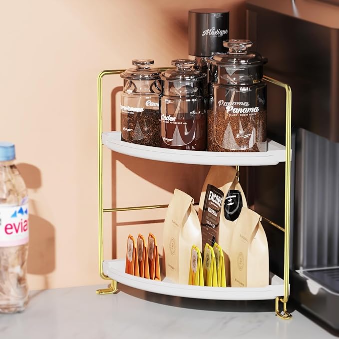 JANUS LiANG 2-Tier Corner Bathroom Countertop Organizer, Tiny Counter Corner Shelf Skincare Makeup Perfume Organizer and Organization for Kitchen (Luxury Gold)