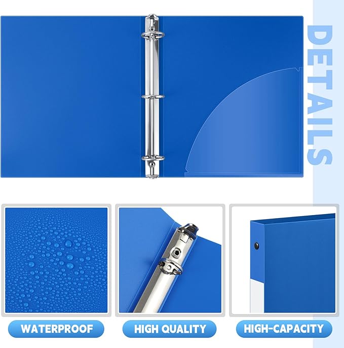 Henoyso 8 Pcs 3 Ring Binder 0.5 Inch Round Fits Letter Size 8.5'' x 11'' Paper Plastic Flexible Binder Bulk Holds 140 Sheets with 1 Pockets Versatile Organizer for Home Office School (Blue)