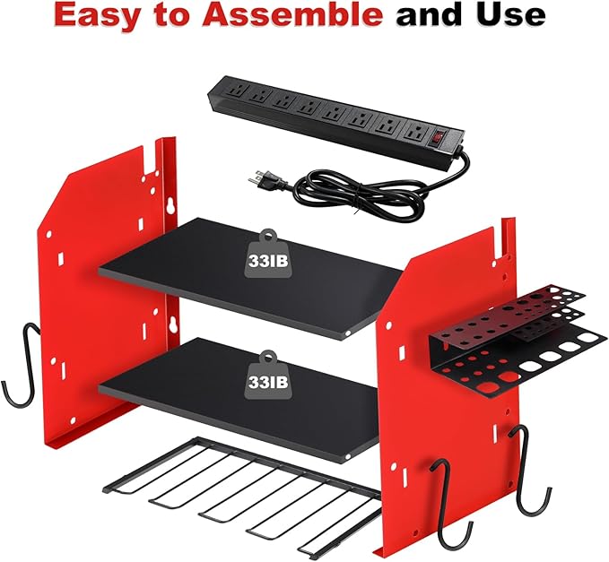 Power Tool Organizer Wall Mount with Charging Station, Heavy Duty 3 Layer Garage Tool Storage with 4 Cordless Drill Holder and 8 Outlet Power Strip, Gift for Men Husband Dad Birthday Anniversary red