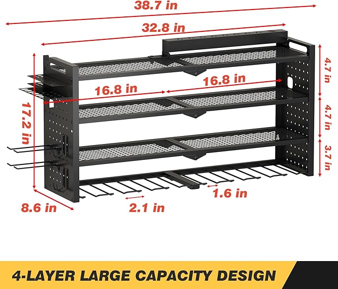 VDEVY Power Tool Organizer Wall Mount with Charging Station, Heavy-Duty Metal Garage Tool Storage Rack & 8 Outlet Power Strip, 33 Inch Long 4 Tier Shelves for Workshop Organization