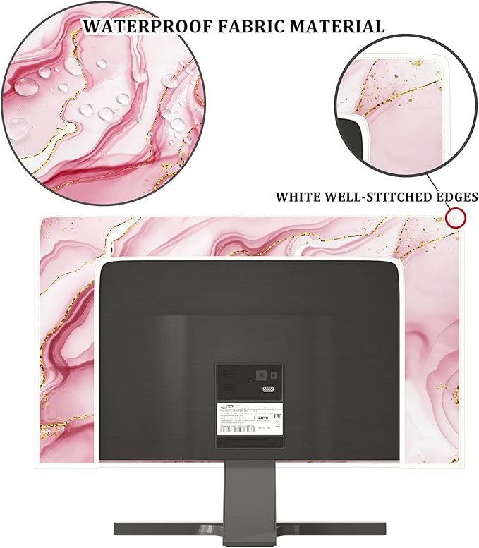Baocicco Gold Pink Marble Waterproof Computer Monitor Dust Cover 26, 27, 28 Inch Monitor Accessories Laptop TV LCD Screen Decoration for Tablet Anti-Static Dustproof Protective for Home Office