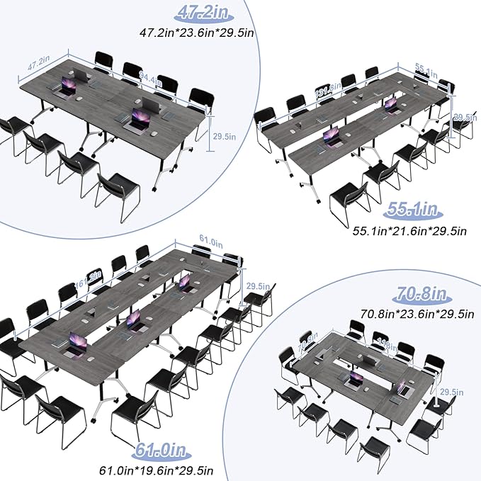 Conference Table Flip Top Mobile Conference Room Tables,Folding Conference Table with Wheels,Large Meeting Training Seminar Table Saving Space for Office Classroom(8C,70.8'')