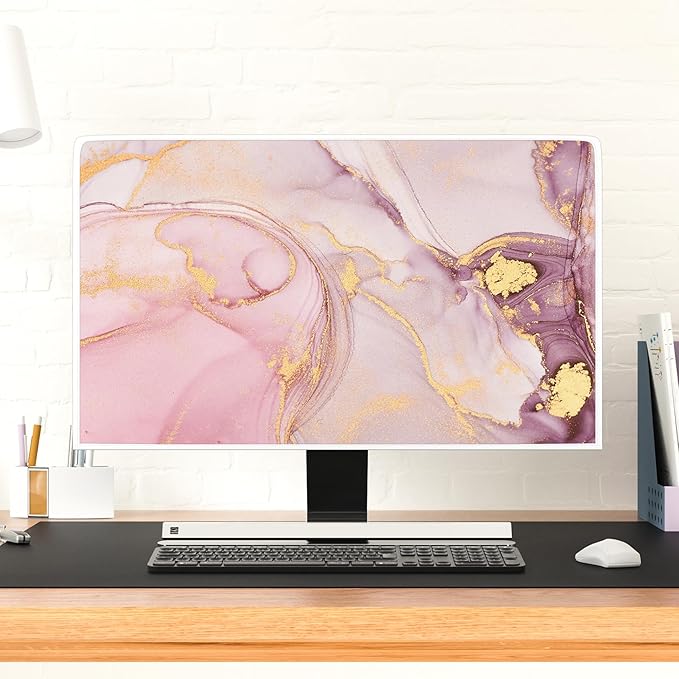 Baocicco Pink Gold Marble Computer Monitor Dust Cover 22, 23, 24, 25 Inch Decorative Modern Laptop Computer Cover for Home Office Decorative Texture Dust Proof Monitor Covers for Computer Screen
