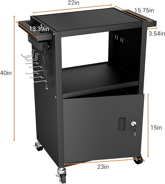 Mobile AV Cart with Push Handles, Heavy Duty Rolling Media Cart with Customized Pegboard & Hooks, Multipurpose Utility Cart with Extra Storage Space, 4 Outlets