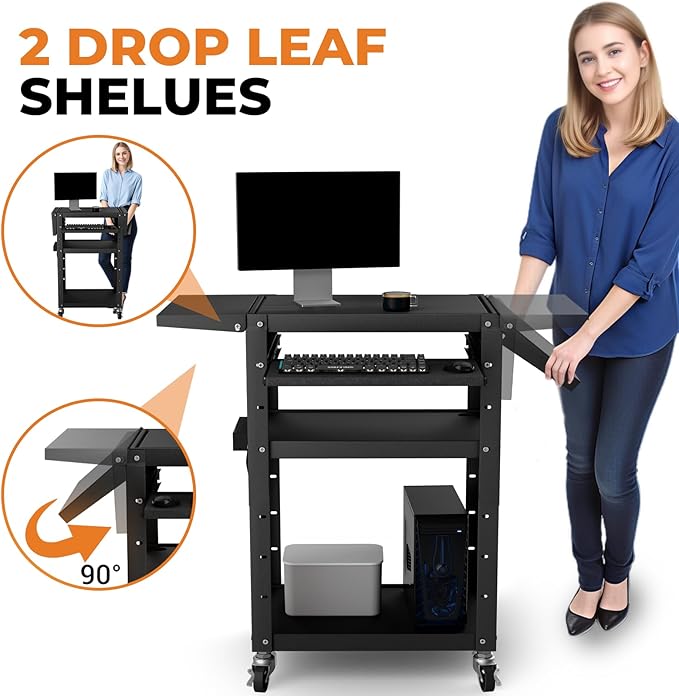 Mobile AV Cart with Pullout Keyboard Tray, Rolling Computer Cart Height Adjustable Rolling Media Utility Cart with 4 Wheels, 4 Outlets, Perfect for Home or Office Us