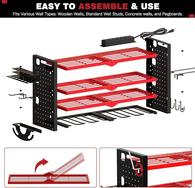 NattyDot Power Tool Organizer Wall Mount with Charging Station 4 Layer 6 Slot Cordless Drill Holder with Angle Grinder Holder (Red)