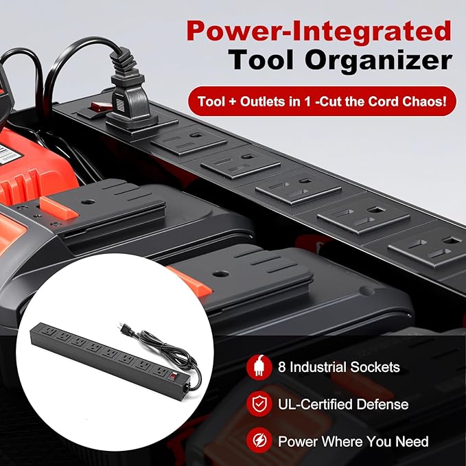 ERVNYNT 3 layers power tool organizer Loads 150lbs with 8 Cordless Drill Holder and 8 Outlet Power Strip,it’s good choice for husband birthday gift,black