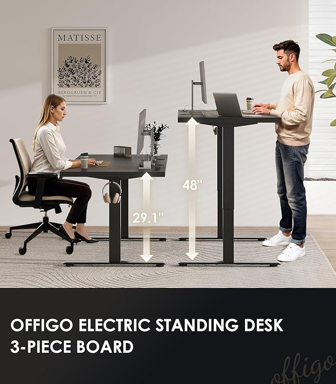 OffiGo 79 Inch Executive Electric Standing Desk, Height Adjustable Desk with Power Outlet & 1.38" Thick 3-Piece Desktop, Sit Stand Computer Desk for Home, Office, Conference Room, Black