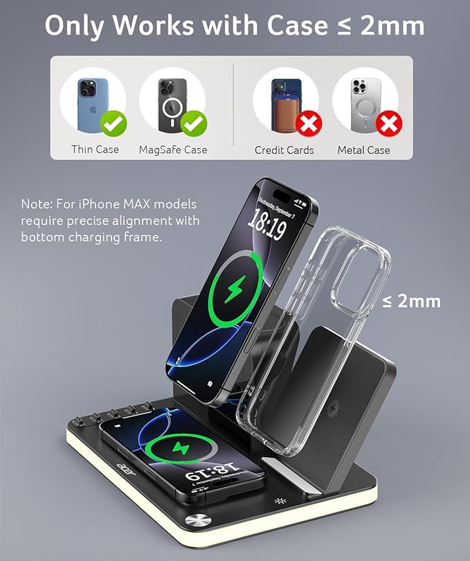 acer 7-in-1 Wireless Charging Station: Charger Stand for Multiple Devices for Apple - iPhone 16 15 14 13 12 Pro Max Apple Watch Airpods, Wireless Charger iPhone Charging Station with Bluetooth TimeSyn