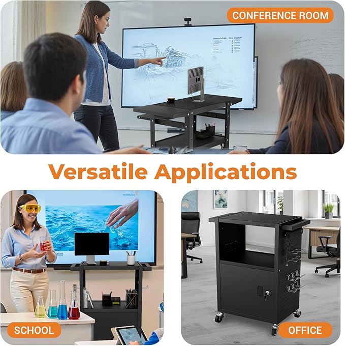 Mobile AV Cart with Push Handles, Heavy Duty Rolling Media Cart with Customized Pegboard & Hooks, Multipurpose Utility Cart with Extra Storage Space, 4 Outlets