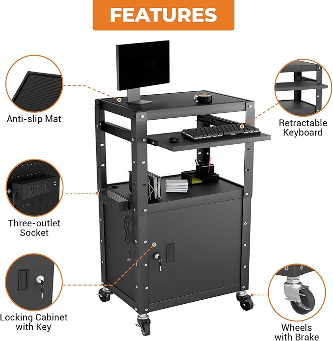 Mobile AV Cart with Cabinet, Rolling Computer Cart Height Adjustable Rolling Media Utility Cart with Extra Storage Space, 4 Outlets, Pullout Keyboard Tray Perfect for Home or Office Use