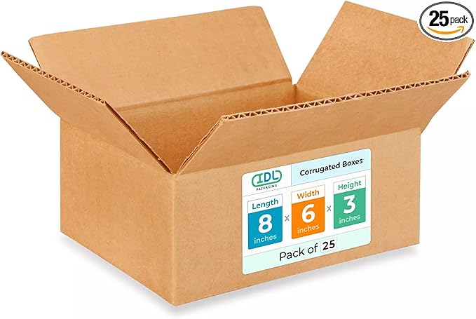 IDL Packaging Small Moving Boxes - 8"L x 6"W x 3"H (25-Pack) - Extra Strength 200 lb Corrugated Packing Boxes