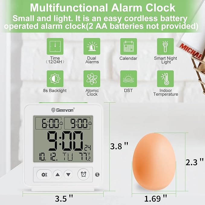 Geevon Atomic Travel Alarm Clock with Auto/8s Backlight, 2 Alarm Settings, Temperature Detect, Increasing Beep Sounds Digital Atomic Travel Clock Battery Operated for Bedroom, Bedside, White