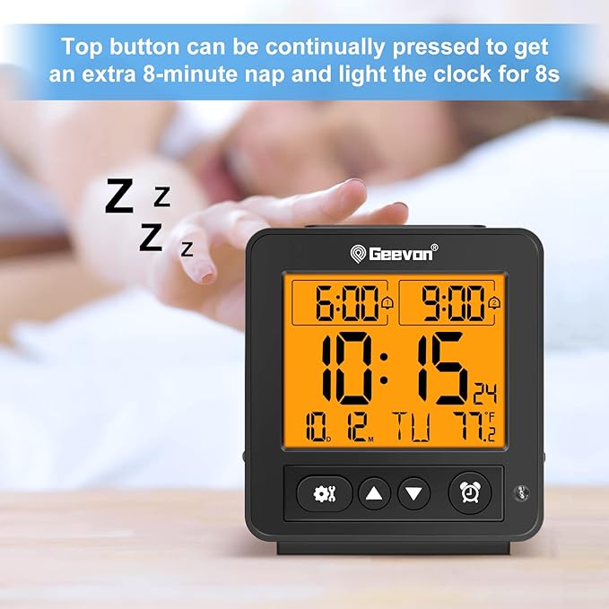 Geevon Small Atomic Travel Alarm Clock with Auto/8s Backlight, 2 Alarm Settings, Temperature, Increasing Beep Sounds Digital Atomic Travel Clock Battery Operated for Bedroom, Bedside, Black