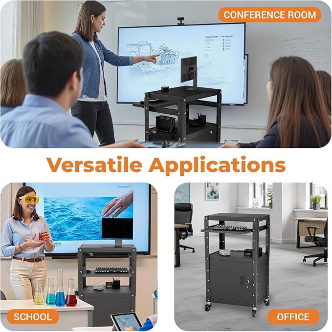 Mobile AV Cart with Cabinet, Rolling Computer Cart Height Adjustable Rolling Media Utility Cart with Extra Storage Space, 4 Outlets, Pullout Keyboard Tray Perfect for Home or Office Use