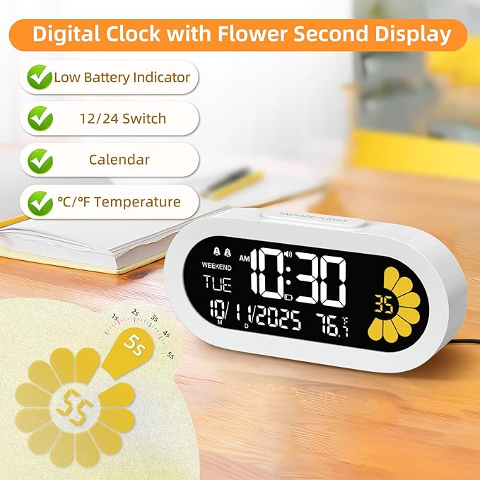 DOOMAY Digital Alarm Clock for Bedroom: Dual Alarm Bedside Clock VA LCD Display with Seconds, 9-Minute Snooze and Weekend Mode, 3 Brightness, 4 Alarms and 3 Volume Levels，Type C & Battery Included