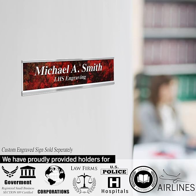 Personalized Name Plate with Choice of Mounting Holders for Walls, Doors, Cubicles, Hanging and More - Custom Bloss Burlwood Plastic Gold Letters - USA Made 2x12 - N2