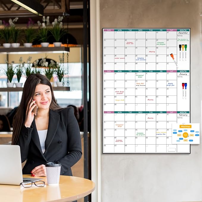 ARCOBIS 3-Month Dry Erase Calendar for Wall, 39"x28" Magnetic Whiteboard Calendar with Black Aluminum Frame, Monthly Calendar Board for Office, Home, School