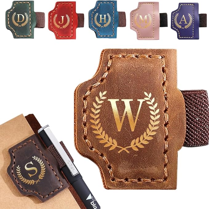 Personalized Bygone Mark Bookmark with Pen Holder, Leather Magnetic Bookmark 26 Letters,Gifts for Book Lovers, Readers, Leather Book Marks for Men Women (Brown, W)