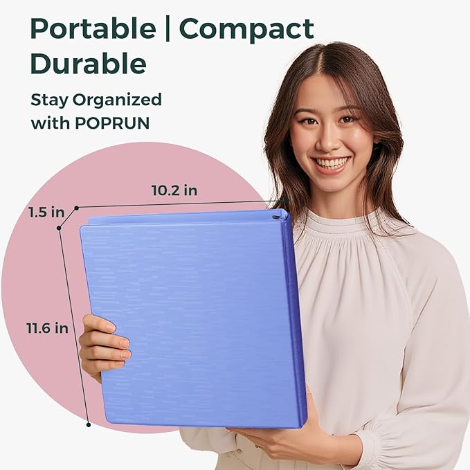 POPRUN 3 Ring Binder 1 Inch, PVC-Free, Holds 175 Sheets of 8.5 x 11 Paper, Extra Durable Organizer with 2 Pockets for School & Office, Heavy-Duty, 4 Pack, Midnight Green