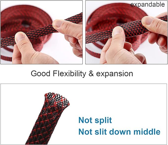 25ft - 3/4 inch PET Expandable Braided Sleeving – BlackRed – Alex Tech Braided Cable Sleeve