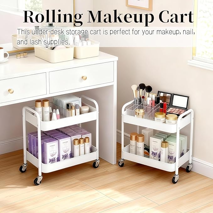 LIWNYRK 2 Tier Metal Rolling Cart with Wheels for Under Desk Storage & Pantry Storage, High Load-Bearing Kitchen Utility Cart for Small Space, Laundry Room Organization Side Table with 4 Hooks, White