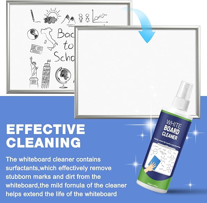 Dansib 24 Pack Non-toxic Whiteboard Cleaner 8.5fl oz Dry Erase Board Cleaner with 12 Cloths Non-toxic Dry Erase Cleaning Spray Removes Stubborn Marks from Whiteboards