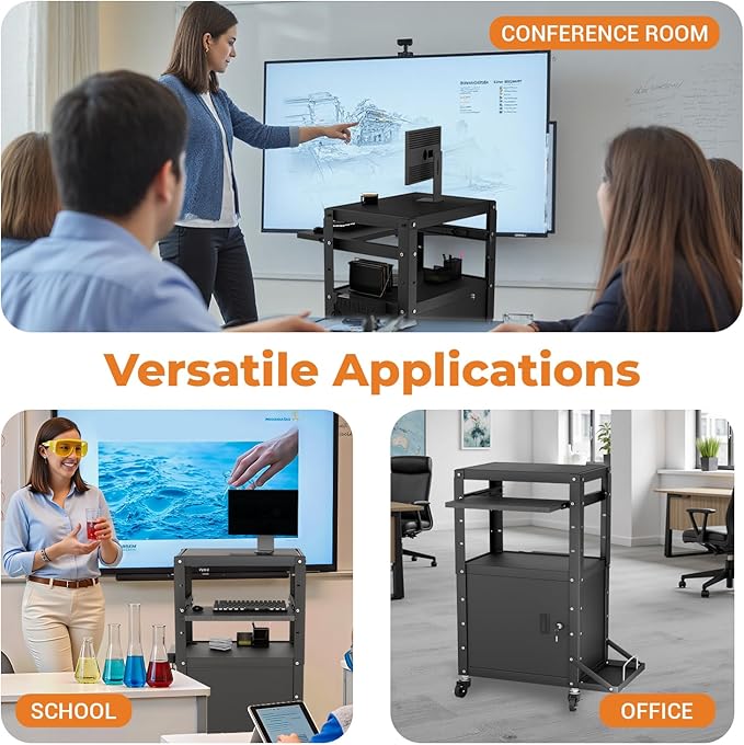 Mobile AV Cart with Side Shelves, Rolling Computer Cart Height Adjustable Rolling Media Utility Cart with Pullout Keyboard Tray Extra Storage Space, 4 Outlets, Perfect for Home or Office Use