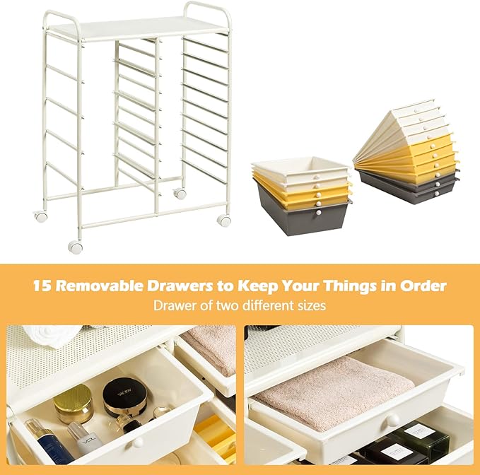 GOFLAME 15-Drawer Rolling Storage Cart, Craft Storage Cart with Removable Drawers & Lockable Wheels, Art Cart Supply Storage Organizer for Home Office Classroom, Yellow