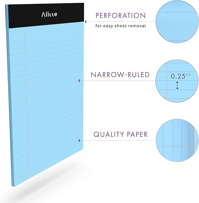 Alitte Colored Legal Notepads 5x8, Pack of 12- Perforated Narrow Ruled Writing Pad - Premium Thick Paper, No Ink Bleeding - Legal Pads For Home, Office, School, Business - 50 Sheets Per Notebook