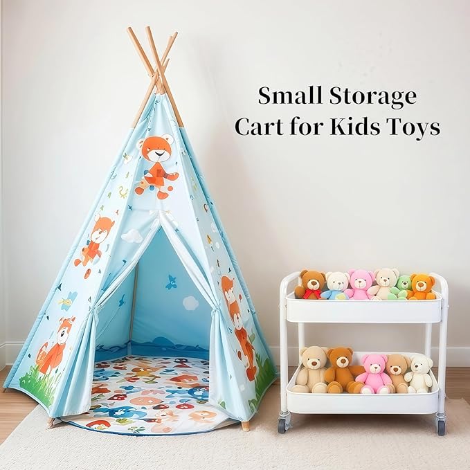 LIWNYRK 2 Tier Metal Rolling Cart with Wheels for Under Desk Storage & Pantry Storage, High Load-Bearing Kitchen Utility Cart for Small Space, Laundry Room Organization Side Table with 4 Hooks, White