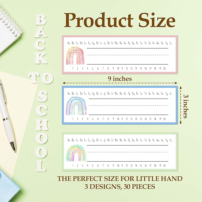 30 Name Tags for Classroom Cubbies, 3x9 in Boho Rainbow Name Plates for Desks, Classroom Must Haves for Teachers Elementary - A01