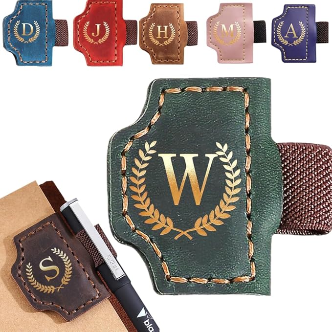 Personalized Mark Bookmark with Pen Holder, Leather Magnetic Book Marker 26 Letters,Custom Initials Page Marks, Gifts for Book Lovers Readers Men Women (Green, W)