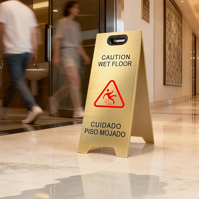 Kerty 2 Pack Stainless Steel Wet Floor Sign, 24 Inch Caution Wet Floor Sign Portable Foldable Bilingual Safety Warning for Hotel Market Restroom Restaurant Office (Gold)