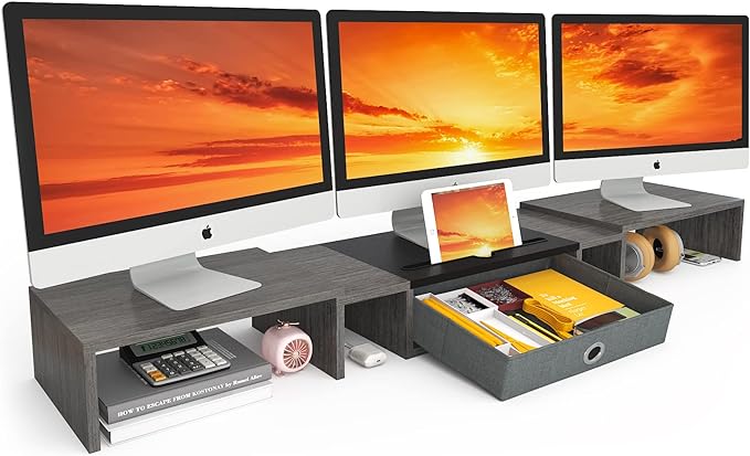 WESTREE Triple Dual Monitor Stand Riser with Drawer,Extra Large Adjustable for 2~3 Monitors,Solt for Phone & Tablet, Desktop Organizer Stand for Computer,Laptop,Printer,TV