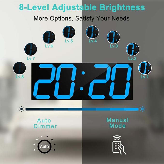 LED Large Digital Wall Clock, Oversize Wall Clock with 6” Numbers, Remote Control Count up/Countdown Timer Clock, Auto Dimmer, Big Calendar and Thermometer(Ice Blue)