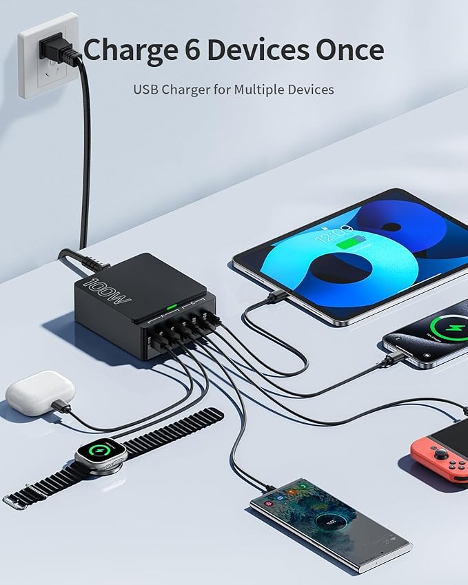 USB C Charger Block Charging Station: 100W 6 Port GaN Fast Charging Brick Hub Cube Box - PD 3.0 Type C & USB A Wall Charger Power Adapter for All iPhone 17 iPad Samsung Android Pixel Series