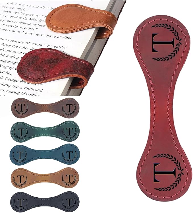 Personalized Magnetic Leather Bookmark, 26 Letters Custom Leather Bookmarks, Handmade, Leather Magnetic Bookmark for Book Lovers Readers Women Kid(Red，T）