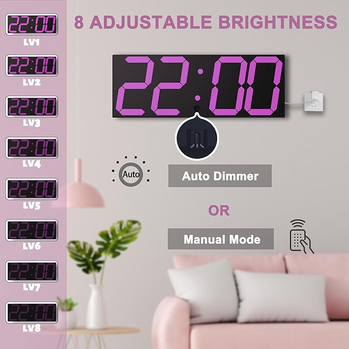 LED Large Digital Wall Clock, Oversize Wall Clock with 6” Numbers, Remote Control Count up/Countdown Timer Clock, Auto Dimmer, Big Calendar and Thermometer(Purple)