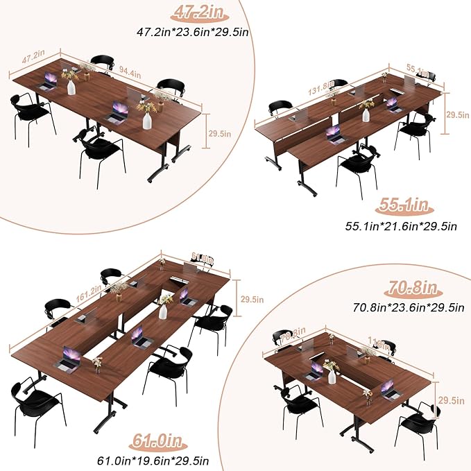 Conference Table Flip Top Mobile Conference Room Tables,Folding Conference Table with Wheels,Large Meeting Training Seminar Table Saving Space for Office Classroom(8D,55.1'')