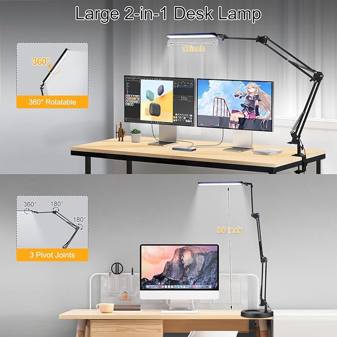 NOEVSBIG LED Desk Lamp with Clamp,2-in-1 Clamp on Desk Lamps with Base,50.7" Adjustable Swing Arm Architect Desk Lamp,Memory Function Desk Lights for Home Office,Workbench,Reading,Craft,Drafting